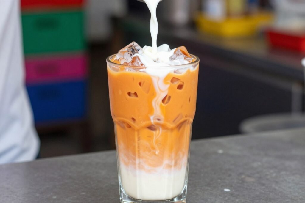 Tall glass of orange Thai iced tea with condensed milk showing popular Bangkok street beverage