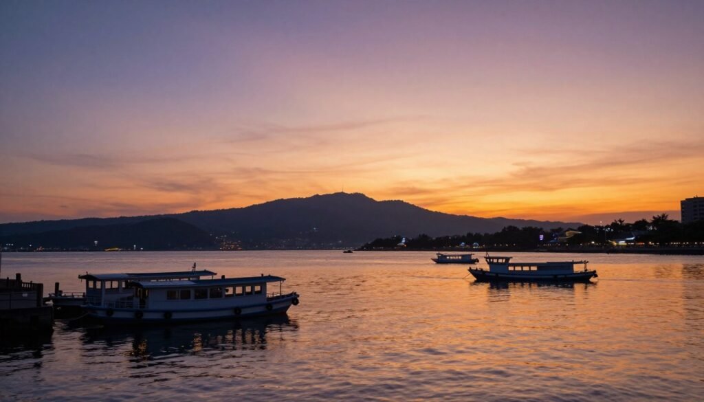 Tamsui waterfront at sunset with boats and mountain backdrop