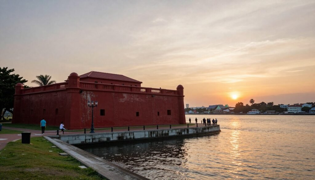 Tamsui waterfront at sunset with historic red fort building Tamsui waterfront at sunset with historic red fort building