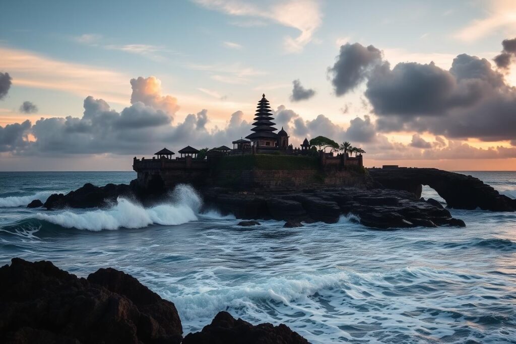 Tanah Lot Temple surrounded by ocean waves in Bali