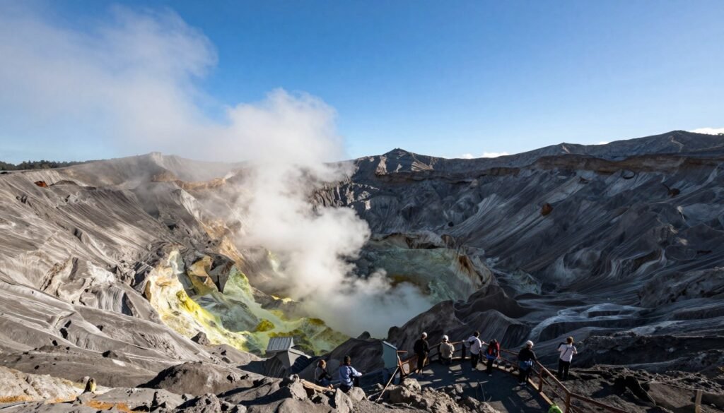 Tangkuban Perahu volcano crater with steam vents and clear blue sky
