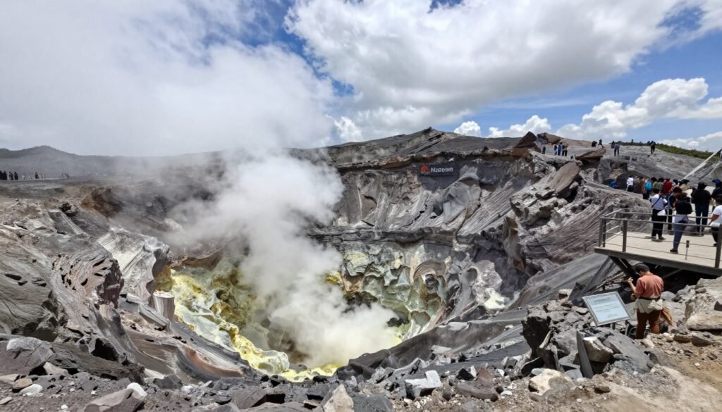Tangkuban Perahu volcano with steam vents and observation deck