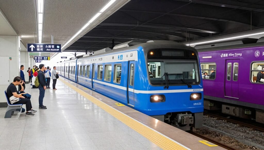 Taoyuan MRT commuter train with blue line marking