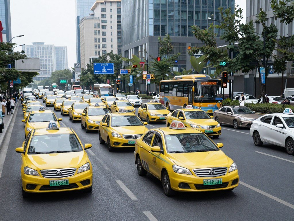 Taxi and ride-share cars in Chengdu traffic