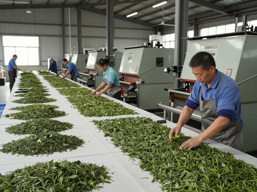 Tea factory interior with workers processing tea leaves