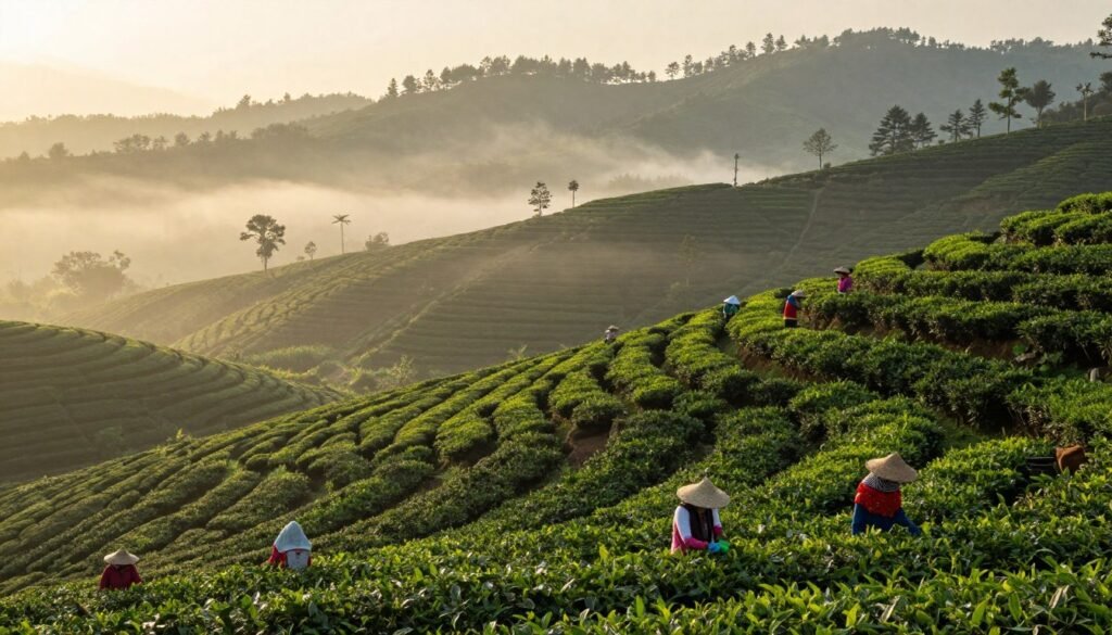 Tea plantations in Bandung with morning mist and workers harvesting