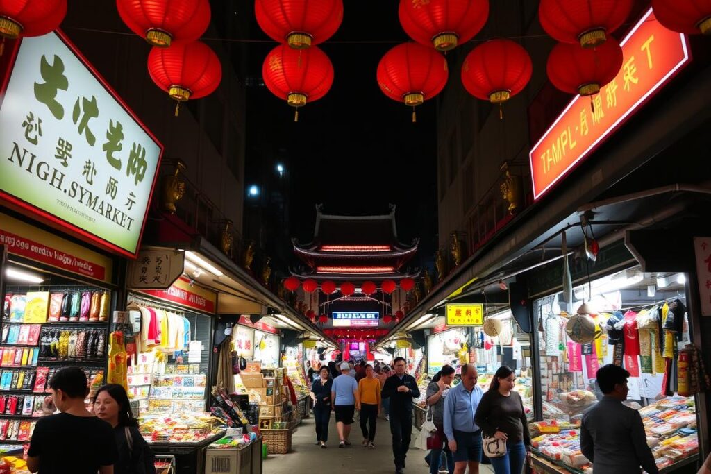 Temple Street Night Market with vendors and customers, featured in a Hong Kong travel guide