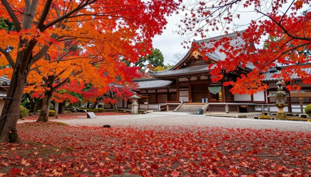 Temple garden covered in brilliant red and orange autumn maple leaves Temple garden covered in brilliant red and orange autumn maple leaves