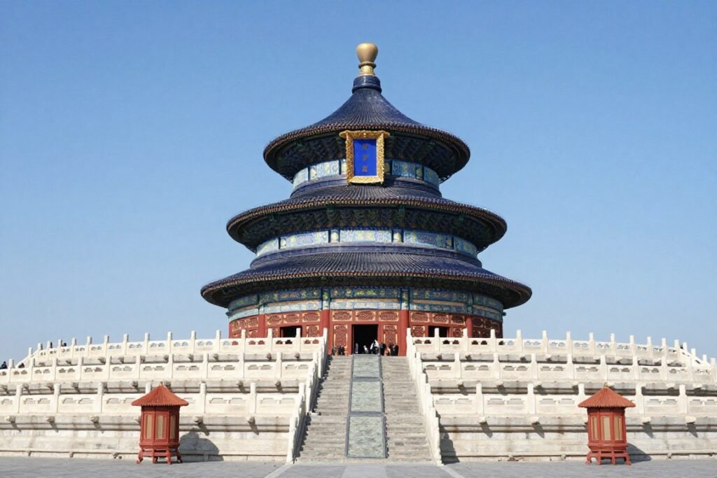 Temple of Heaven Hall of Prayer for Good Harvests with blue roof and tourists Temple of Heaven Hall of Prayer for Good Harvests with blue roof and tourists