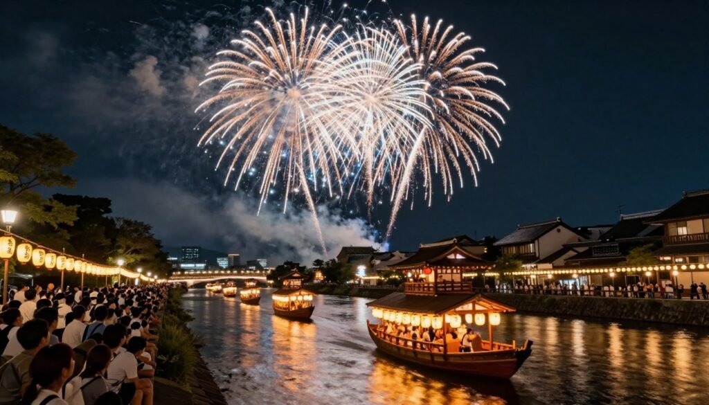 Tenjin Matsuri festival boats on Okawa River with fireworks