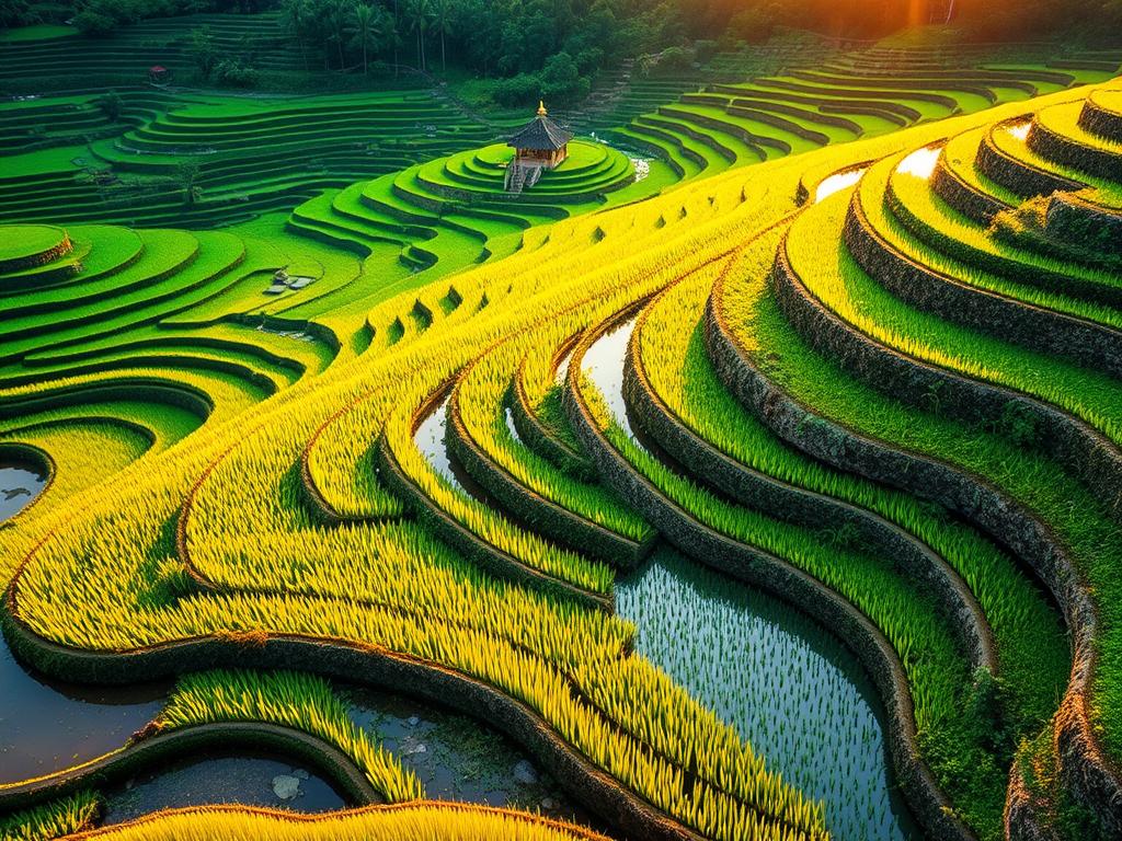 Terraced rice fields in Ubud, Bali with traditional irrigation system - Indonesia travel guide