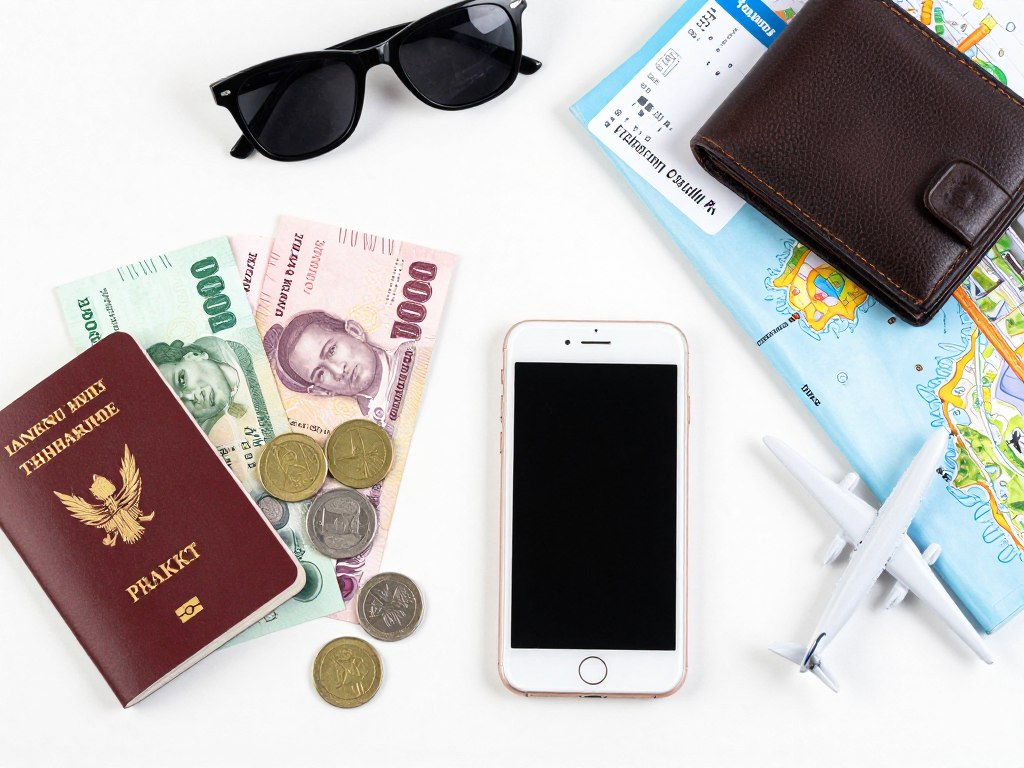 Thai Baht currency bills and coins on table with travel items