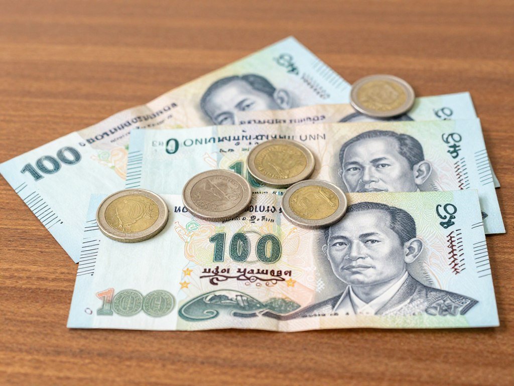 Thai baht currency notes and coins on table