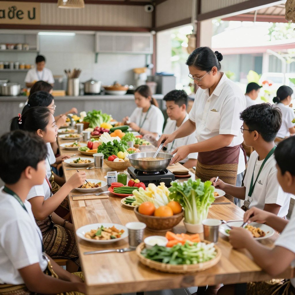 Thai cooking class in Bangkok with students preparing dishes