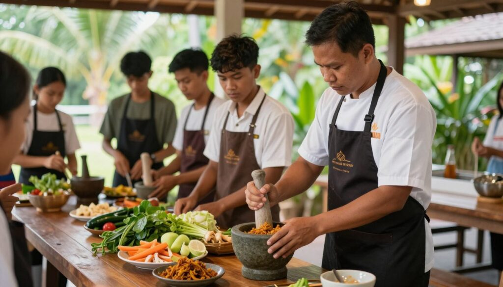 Thai cooking class with students preparing traditional dishes