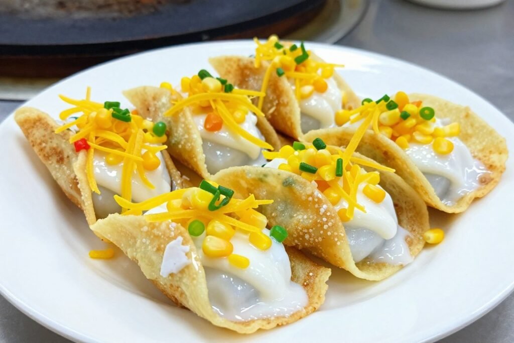 Thai crispy crepes khanom buang with sweet toppings showing Bangkok street dessert