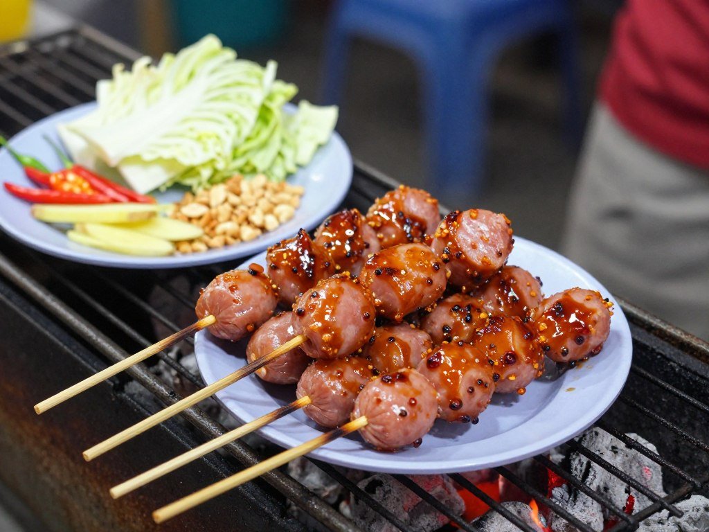 Thai fermented sausages sai krok isan grilling with vegetables showing Isaan street food