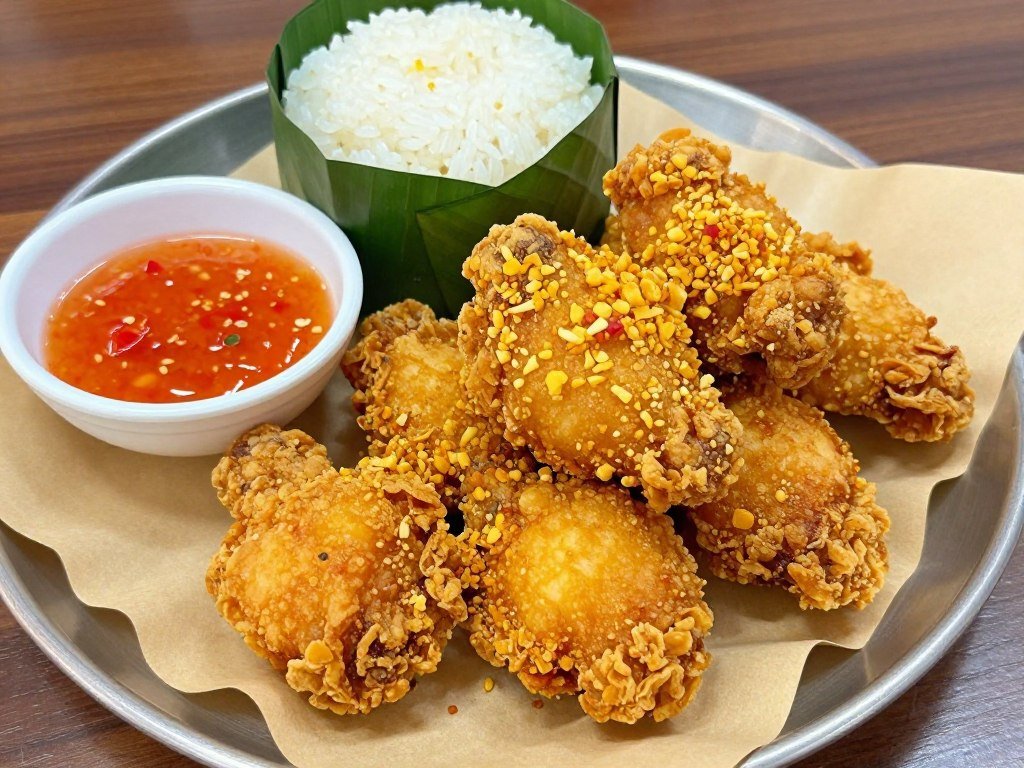 Thai fried chicken pieces with crispy golden coating showing popular Bangkok street food