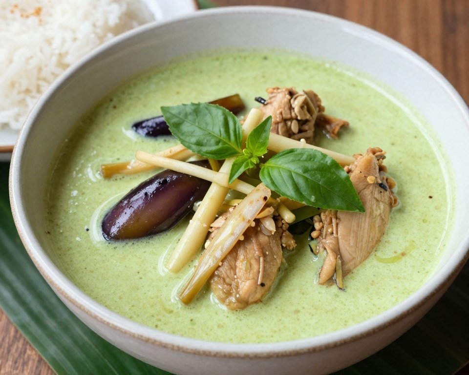 Thai green curry with chicken in coconut milk sauce with basil leaves