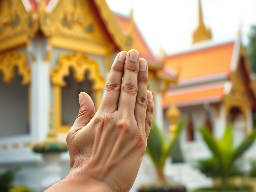 Thai greeting with wai gesture in front of temple - Complete travel guide to Bangkok