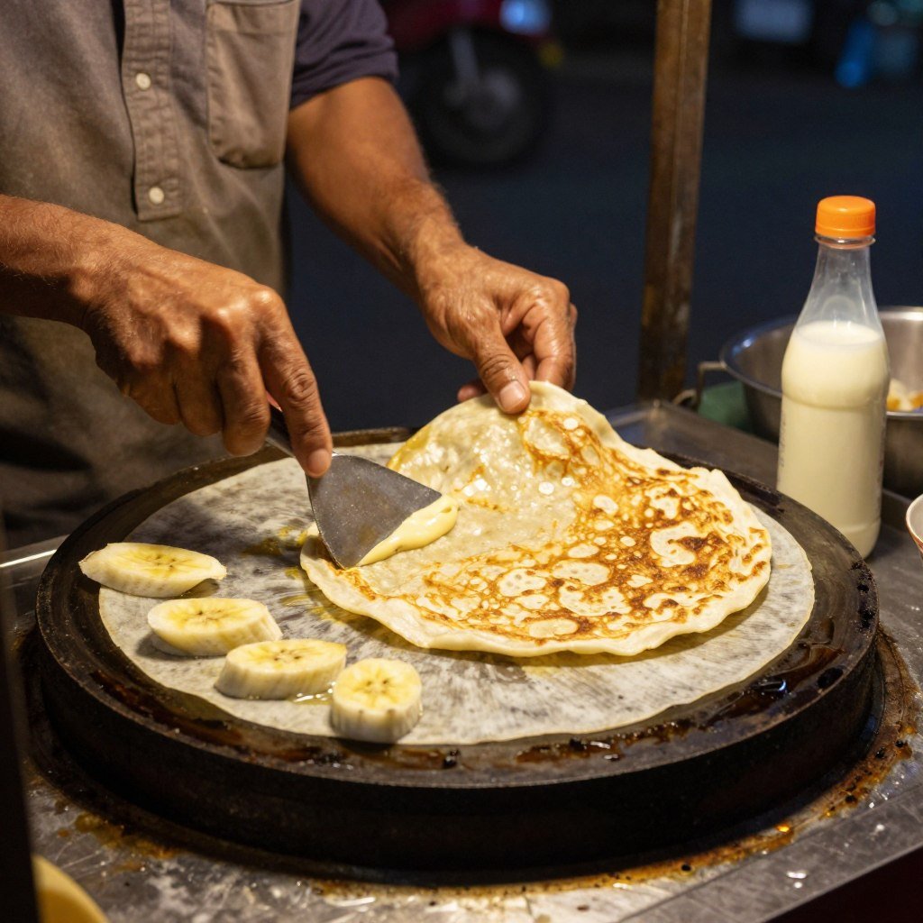 Thai roti being prepared on hot griddle with banana and condensed milk showing Bangkok street food dessert