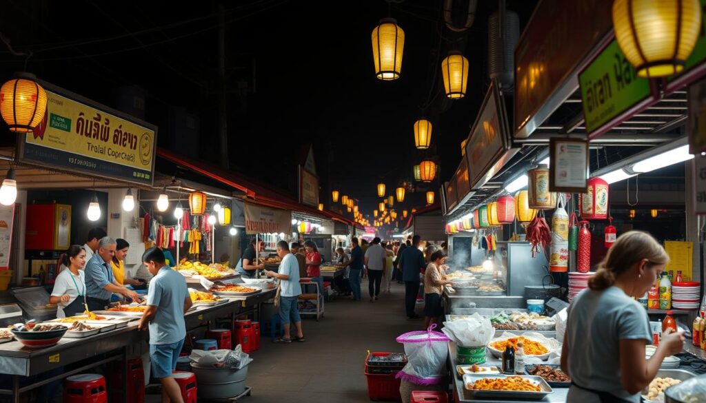 Thai street food market with various dishes Thailand Travel Guide