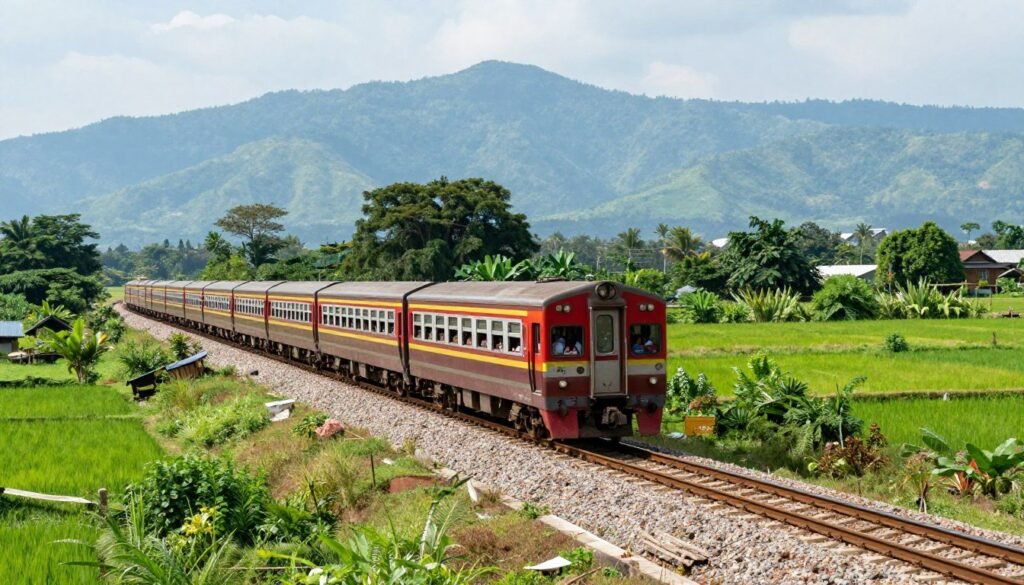 Thai train traveling through countryside