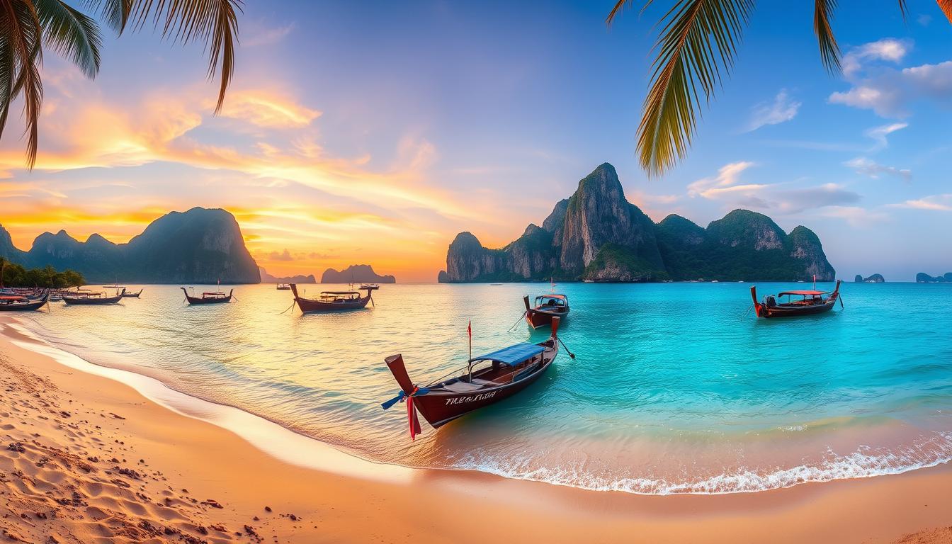 Thailand Travel Guide panoramic view of tropical beach with long-tail boats