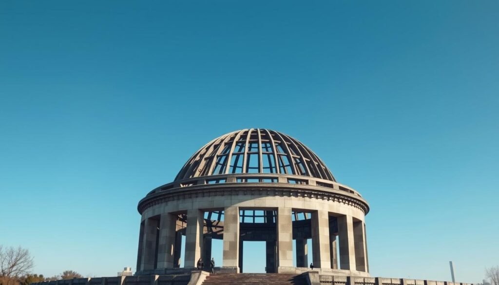 The Atomic Bomb Dome in Hiroshima with Peace Memorial Park in the background