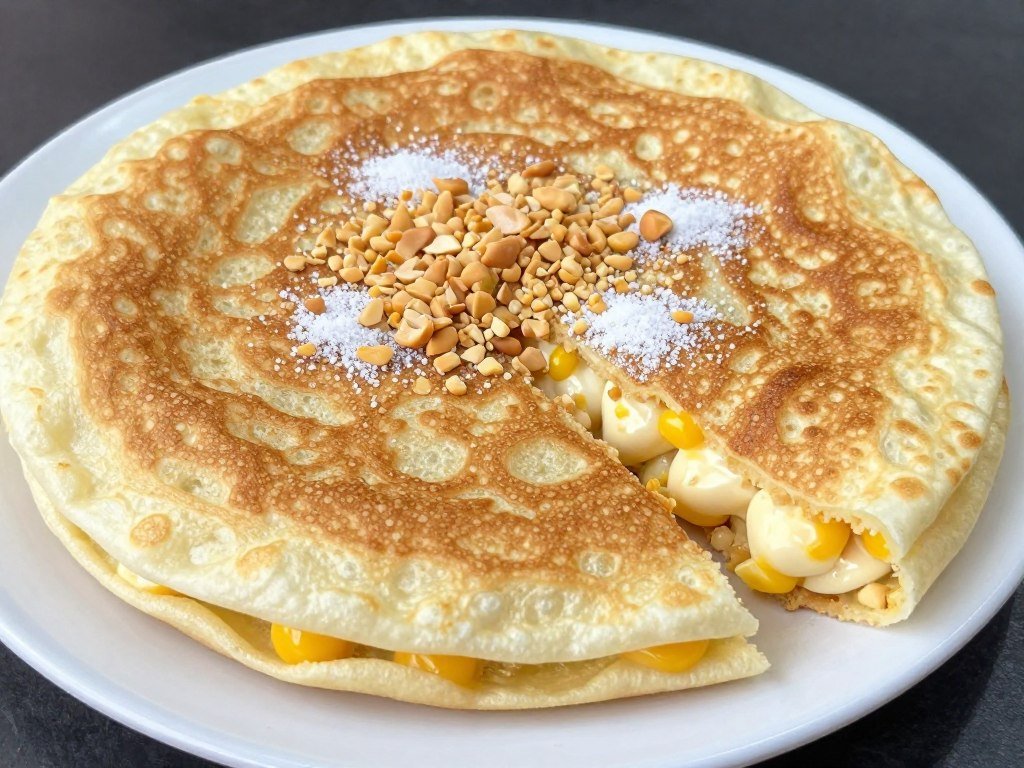 Thick apam balik pancake with peanut and sugar filling showing Malaysian street food dessert