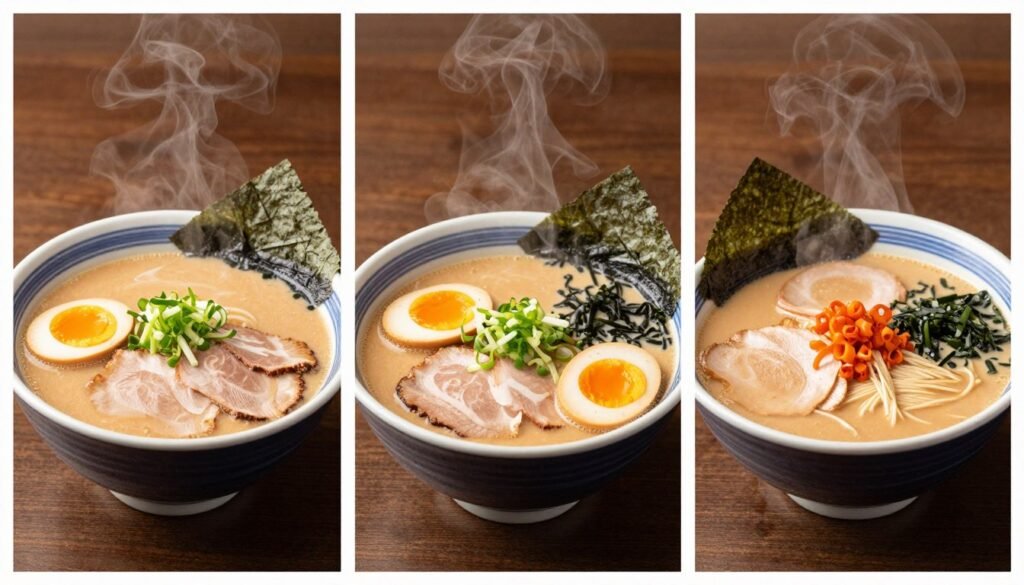 Three bowls showing different Hokkaido ramen styles