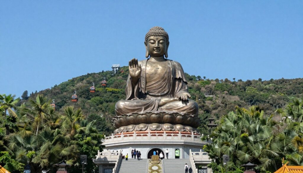 Tian Tan Buddha statue on Lantau Island with Ngong Ping cable car in background