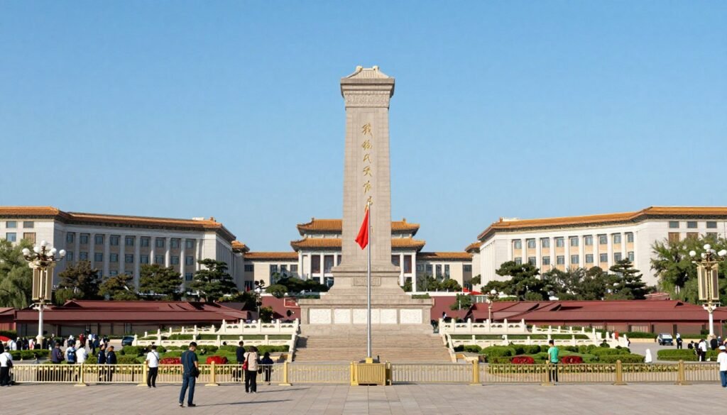 Tiananmen Square panoramic view with Monument to People's Heroes and crowds Tiananmen Square panoramic view with Monument to People's Heroes and crowds