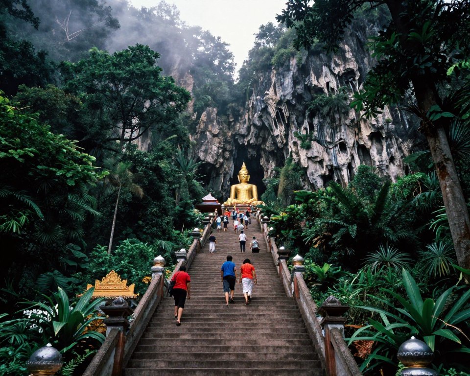 Tiger Cave Temple steps leading through jungle with golden Buddha statue at summit