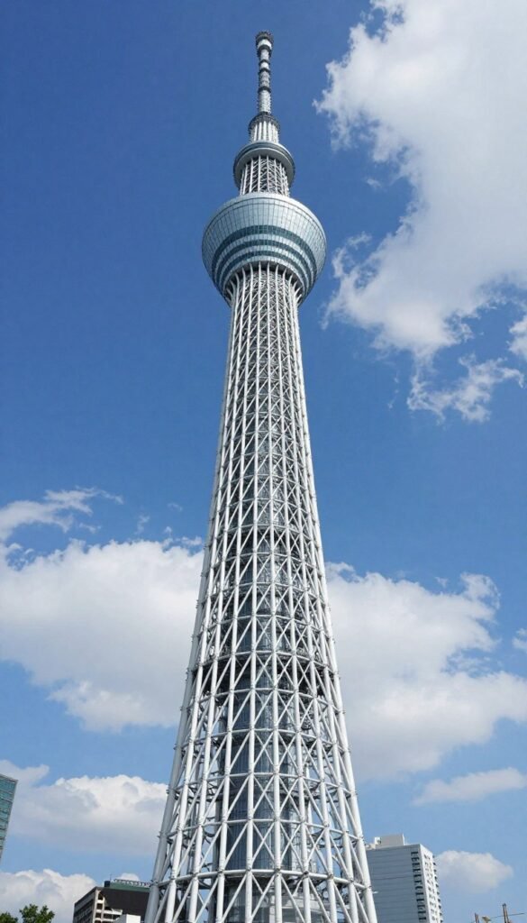 Tokyo Skytree tower reaching into clouds from ground perspective
