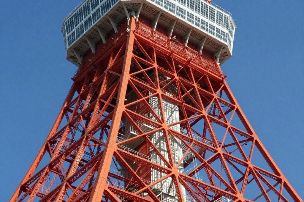 Tokyo Tower close-up showing red and white steel structure