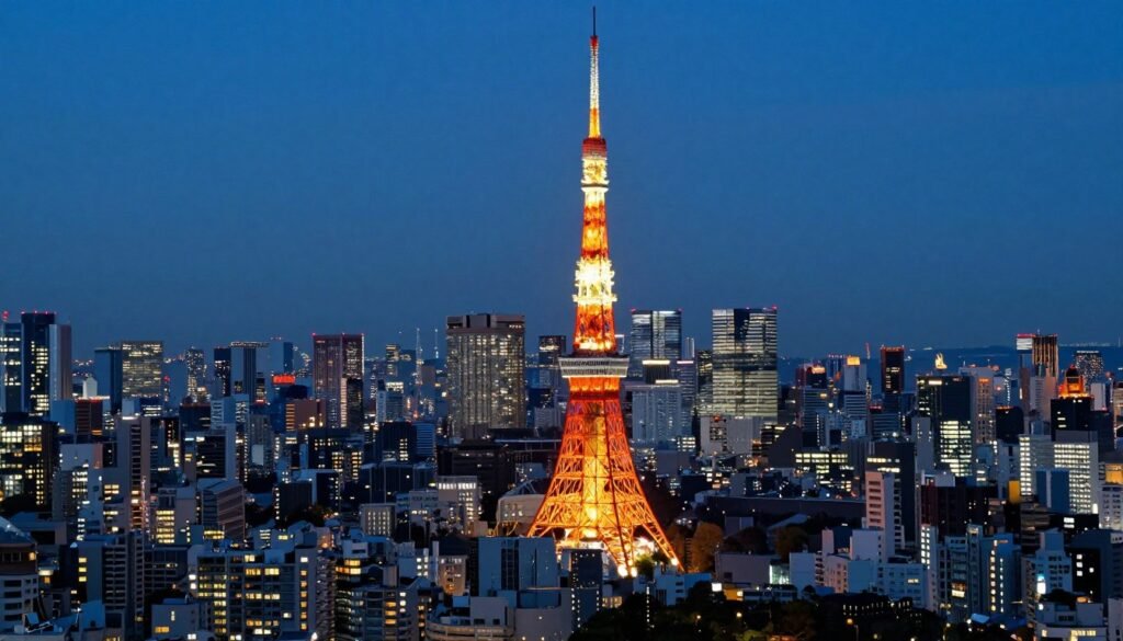 Tokyo Tower illuminated at night with city skyline