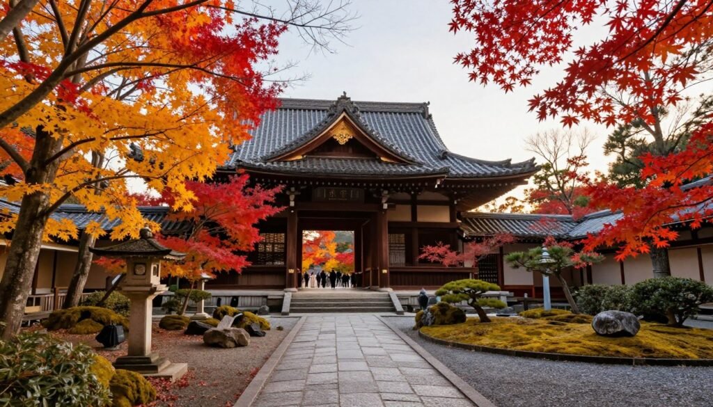 Tokyo autumn foliage with red and gold maple leaves at traditional Japanese temple garden