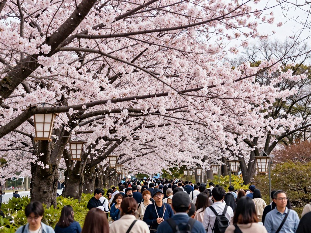 Tokyo cherry blossom festival with crowds viewing blooming sakura trees in Ueno Park