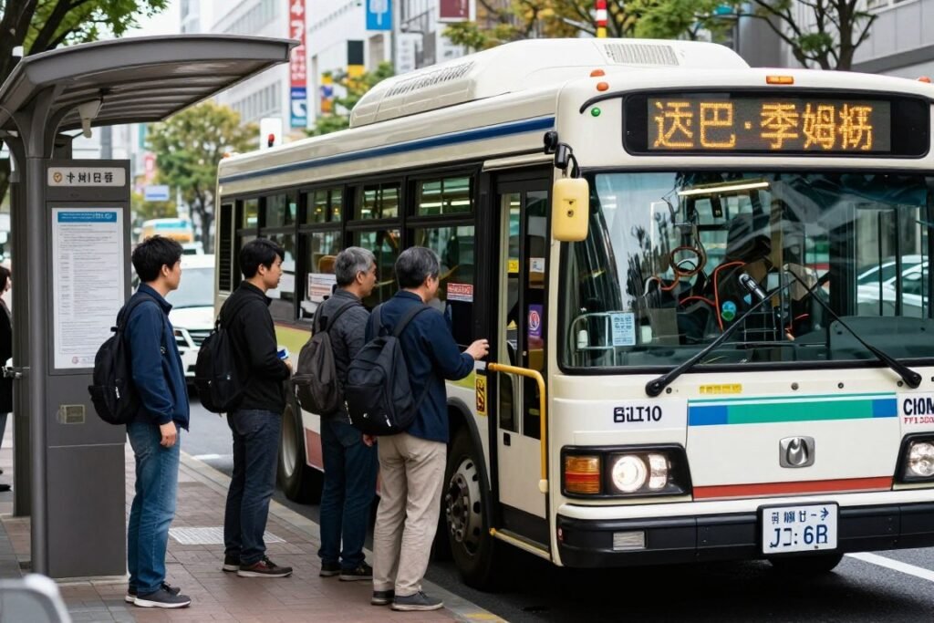 Tokyo city bus at stop with passengers boarding
