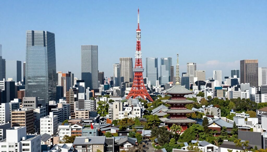 Tokyo cityscape showing modern and traditional architecture blend