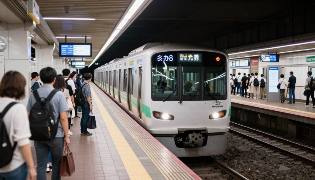 Tokyo metro train arriving at platform with passengers waiting