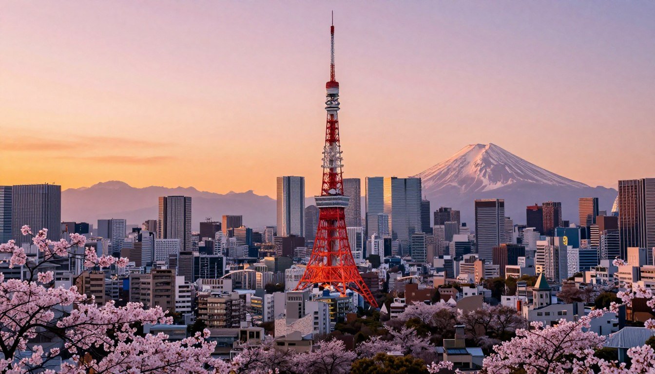 Tokyo skyline at sunset with Mount Fuji in the background and cherry blossoms in foreground