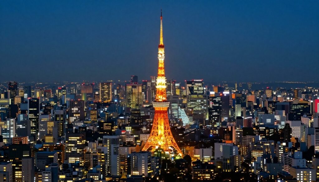 Tokyo skyline panorama from day to night showing city transformation