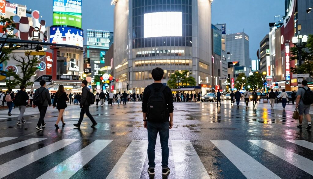 Tokyo street scene with solo traveler exploring Shibuya crossing