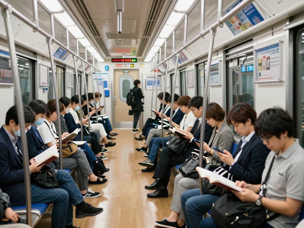 Tokyo train interior with quiet passengers