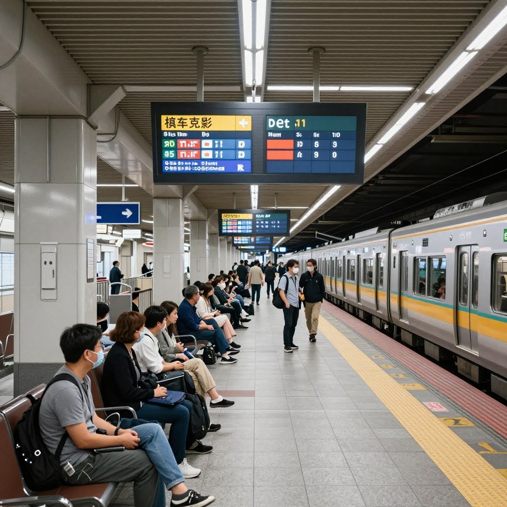 Tokyo train station platform with departure information board