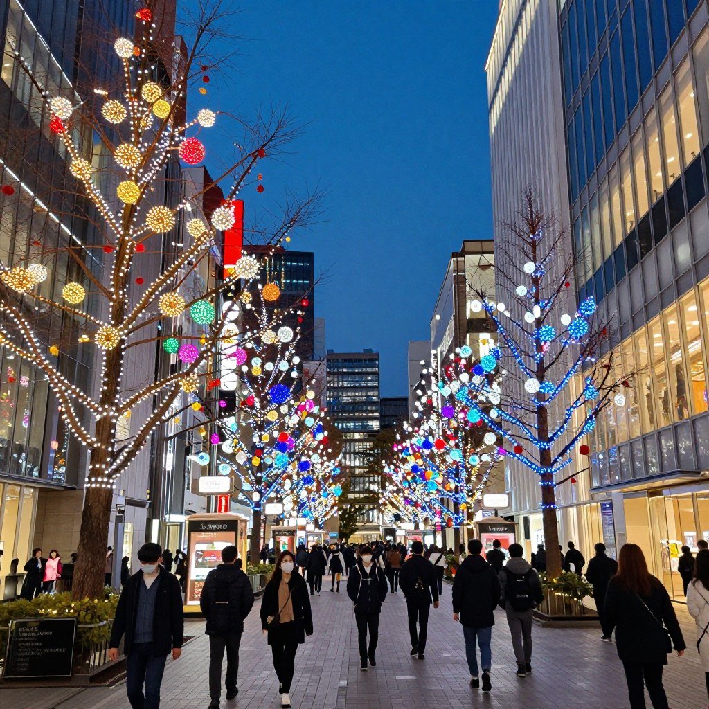 Tokyo winter illumination display with colorful LED lights at shopping district