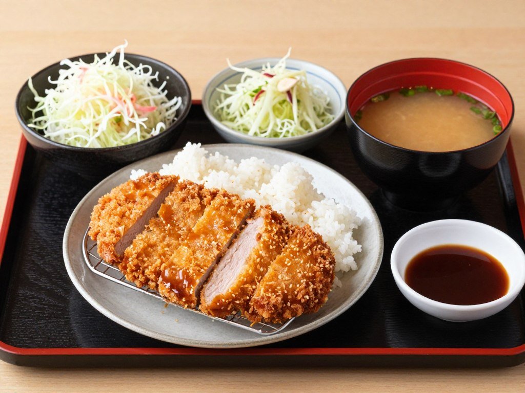 Tonkatsu set meal with rice, miso soup, and cabbage