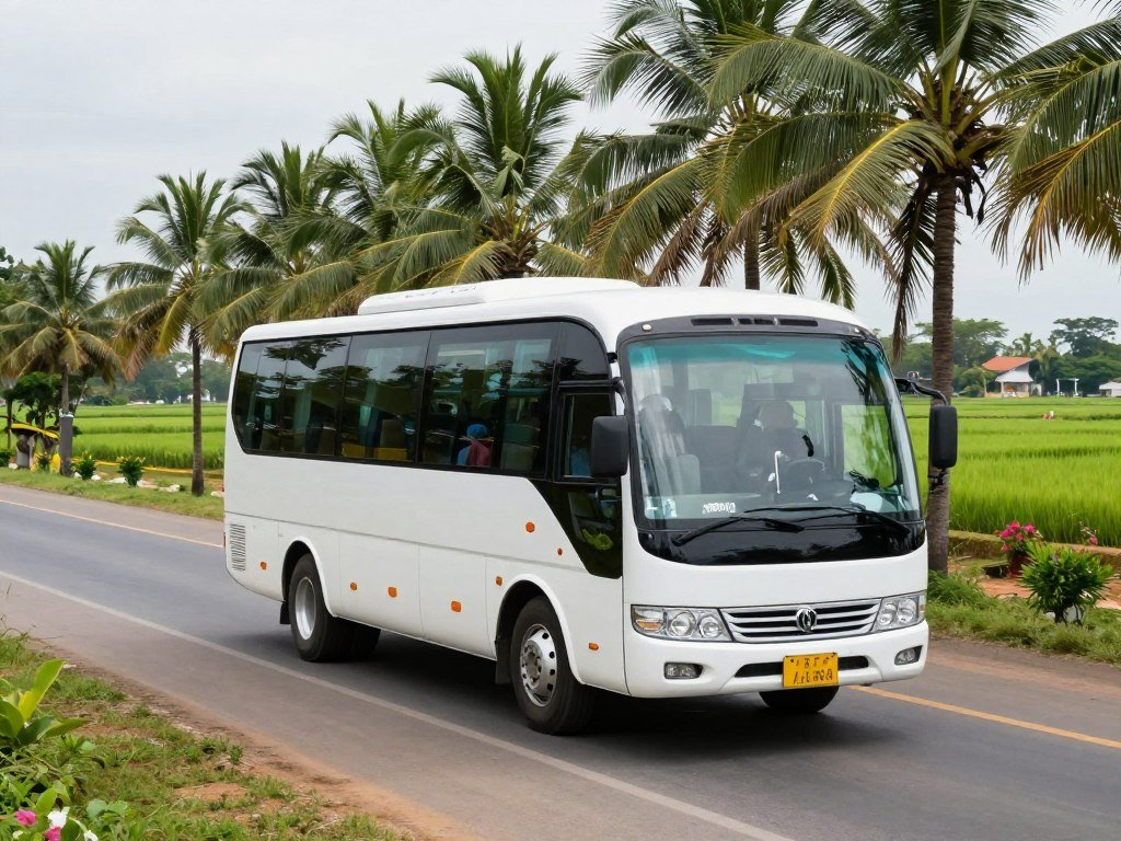 Tour bus traveling on highway between Phnom Penh and Siem Reap